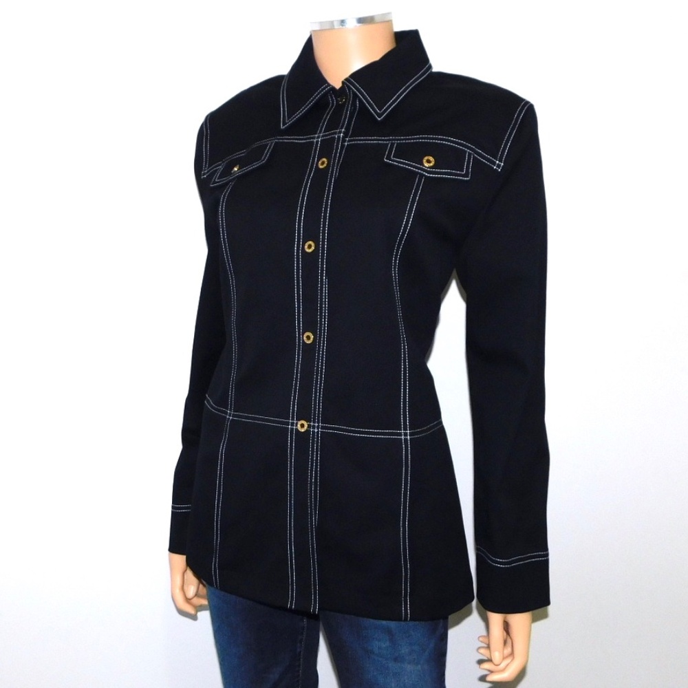 SOLD! ST. JOHN SPORT Black With White Contrast Stitching Snap Front Jacket